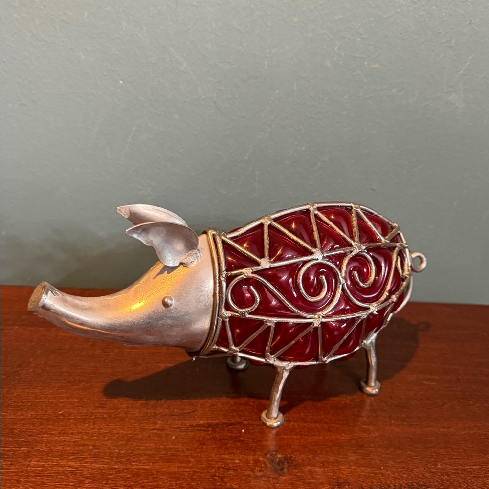 Rare Red Hand Blown Caged Glass Metal Pig Decorative Figurine Suncatcher 9.75” L